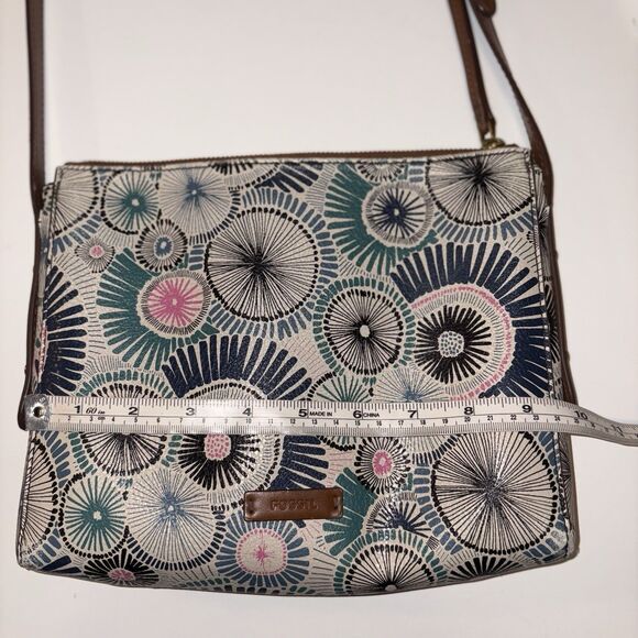 Fossil Faux Leather Blue Starburst Pattern Crossbody Bag Purse Medium Zip Top - Picture 15 of 16